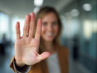 Businesswoman making stop gesture in blurred background office