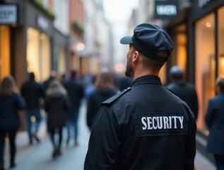 Security guard patrolling busy shopping street ensuring public safety