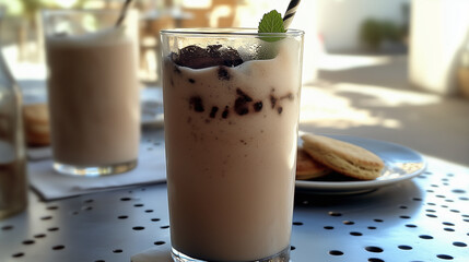 Iced coffee with a garden view