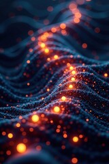 Mesh of tiny glowing orbs amidst dark swirling patterns, mesh, dark swirls, micro spheres