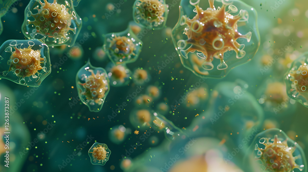 Poster microscopic rendering of virus particles in fluid
