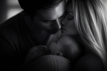 Romantic couple sharing an intimate kiss in soft, moody lighting, evoking passion, deep connection, and emotional intensity