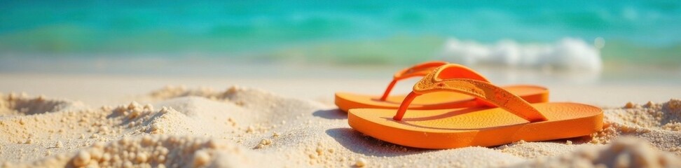 Colorful orange flip flops scattered on the sandy beach with clear blue waters in the background, beach, beachwear, summer
