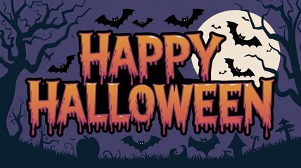 Dripping Orange Letters with Bats, Full Moon, and Spooky Tree Silhouettes on a Gradient Purple Background