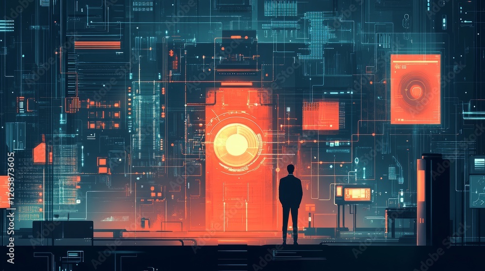 Aufkleber a man stands before a large, futuristic digital interface displaying complex data streams and glowin