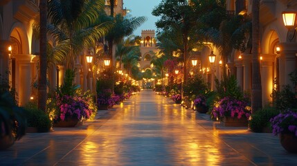 Fototapeta premium Luxurious evening promenade through a tropical resort