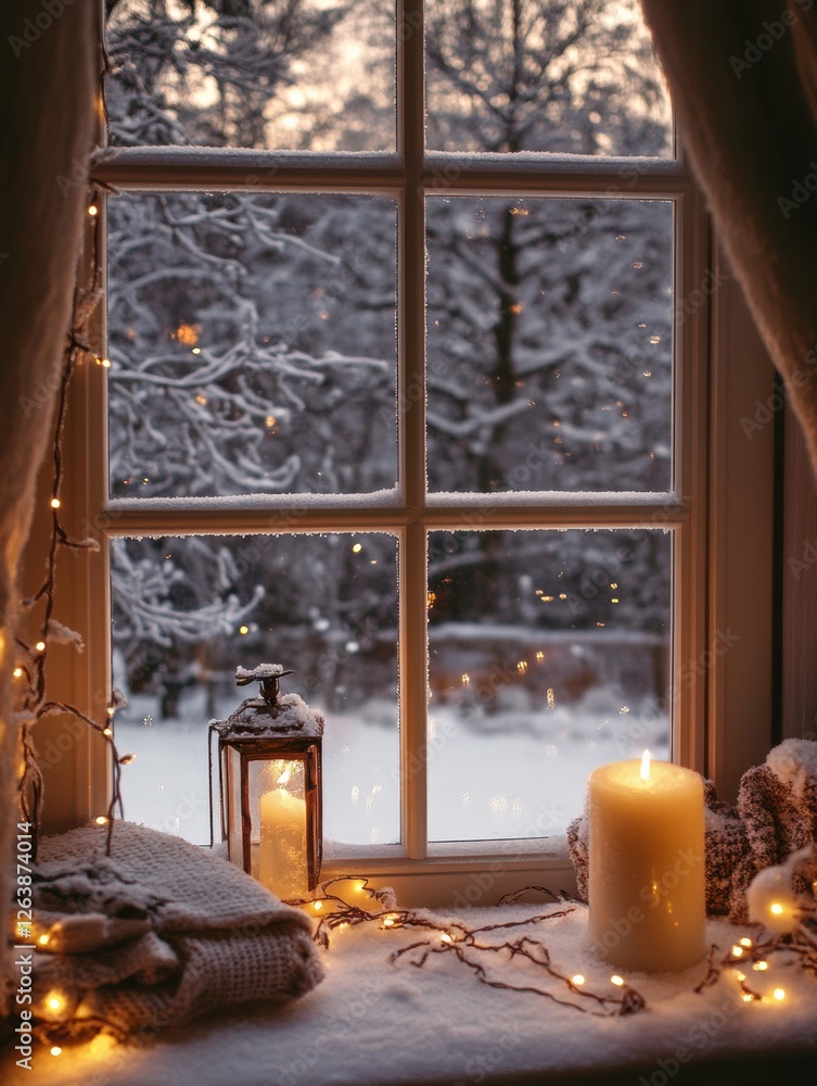Poster Cozy winter window view with snow, candles, and warm lights creating a peaceful atmosphere. Generative AI