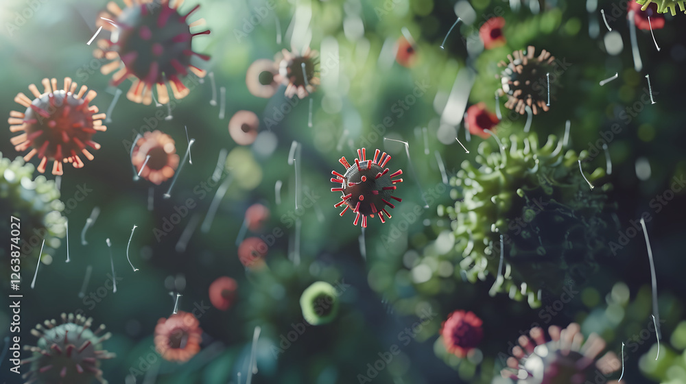 Poster digital rendering of multiple viruses in a green background