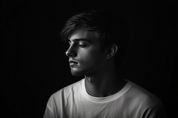Naklejka premium Thoughtful young man in dramatic lighting, exuding quiet confidence, deep reflection, and emotional complexity in a moody high resolution black and white portrait