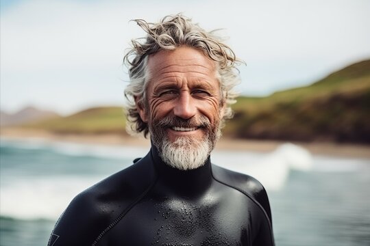 Portrait of happy senior man in wetsuit with surfboard