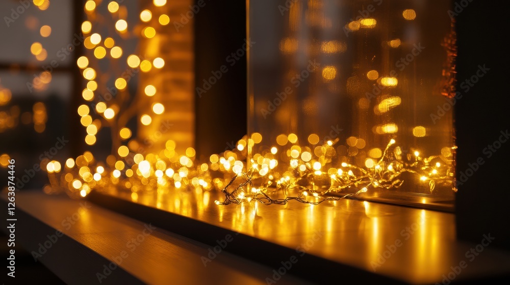 Aufkleber Warm glow of fairy lights on a window sill creates a cozy ambiance in the evening hours. Generative AI
