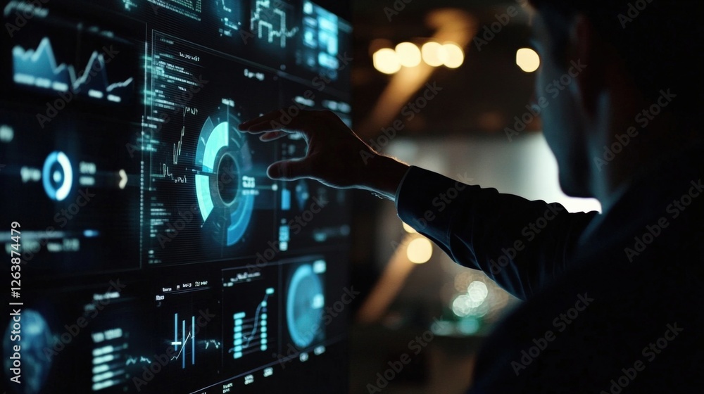 Poster businessman interacting with a large touchscreen display showing various infographics, charts, and d