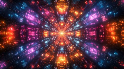 Fototapeta premium Abstract glowing tunnel, vibrant colors, symmetrical design, digital art, futuristic background. Possible use wallpaper, desktop background, website backdrop, gaming background