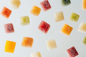 Colorful sugar-coated fruit jellies scattered on a white background.