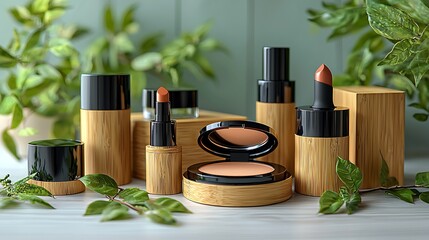Sustainable bamboo makeup on white table, green plants background, eco-friendly cosmetics product shot