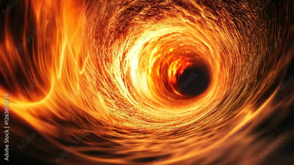 Poster swirling flame patterns create a mesmerizing tunnel of fire against a dark backdrop