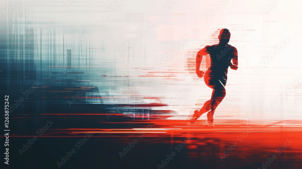 Poster silhouette of a runner in motion, with a red glitch effect and abstract streaks of light, evoking fu
