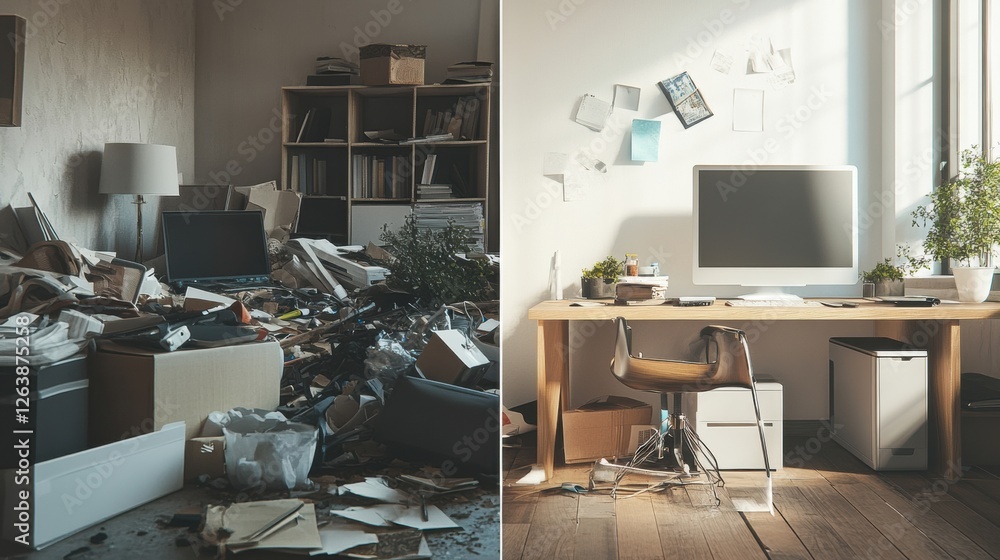 Poster contrasting interior spaces showcase a cluttered workspace alongside a tidy and organized environmen
