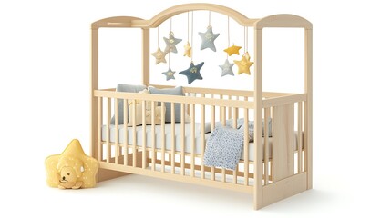 Obraz premium Baby crib with hanging stars, ready for sleep