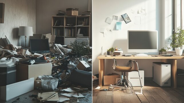 Contrasting interior spaces showcase a cluttered workspace alongside a tidy and organized environment that promotes productivity. Generative AI