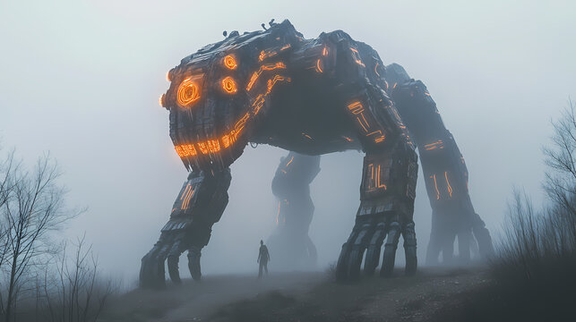 Mechanical behemoth in misty canyon, a colossal creature with luminous circuits rises from the fog, evoking awe and mystery in the rugged landscape. Mechanical Behemoths. Illustration