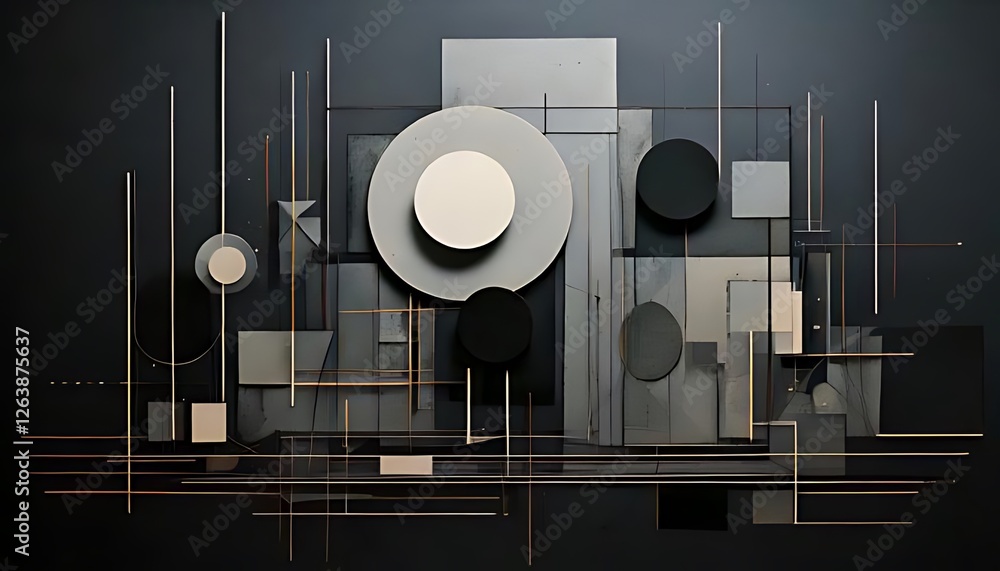 Poster monochromatic artwork displays overlapping geometric shapes and thin lines on a dark background.