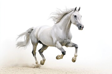 Obraz premium Majestic White Horse Galloping Across Sandy Terrain Under Bright Clear Sky with Flowing Mane and Powerful Presence in Motion and Freedom