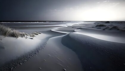 Monochromatic seascape features sand dunes, sea, and sky under dramatic light.