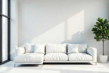 Minimalist white sofa with a large window background , furniture, living room, minimalist
