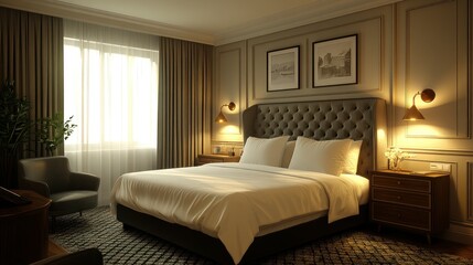 Obraz premium Luxurious hotel bedroom, evening light, city view, interior design