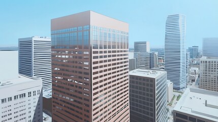 Fototapeta premium Highrise Building Cityscape Bright Sunlight Aerial View. AI Generated