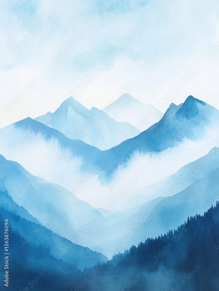 Poster mountain landscape with layers of blue tones and mist in a serene natural setting. generative ai