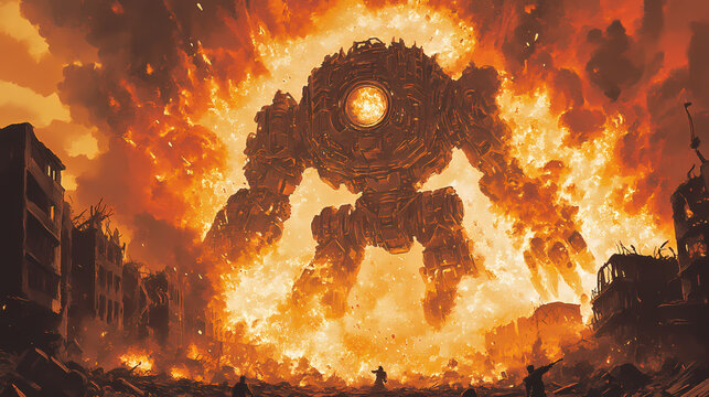 Mechanized colossus stands amid explosions, its firepower on full display in a war-torn city. Mechanical Behemoths. Illustration