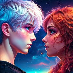 Naklejka premium Animated Young Man and Woman Face-to-Face, Gazing Intently into Each Other's Eyes