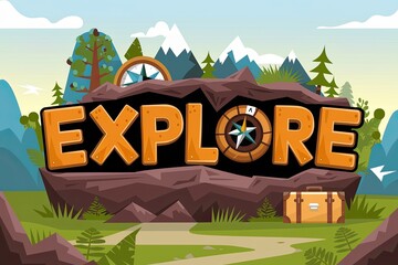 "Explore" Graphic with Nature and Adventure Elements, Travel Theme, Bright and Playful Style, Sunny Day, Outdoor Scene