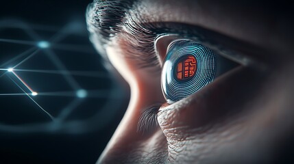 Close-up of a human eye with digital elements reflecting technology and innovation