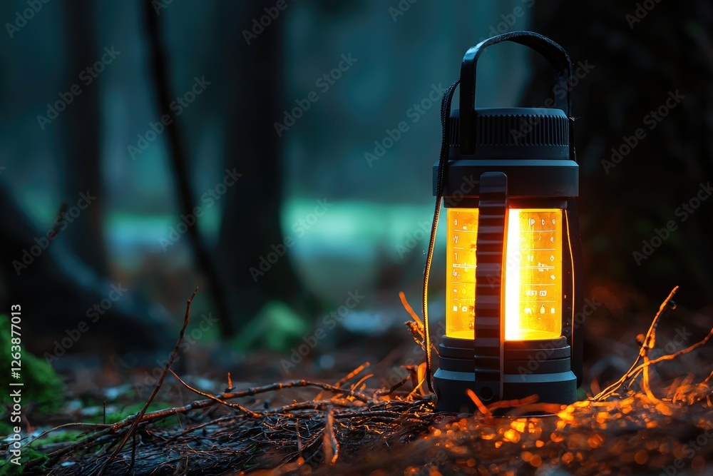 Poster warm glowing lantern illuminating the forest floor at dusk with soft light and surrounded by rustic 