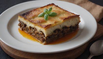 greek moussaka (beef and eggplant lasagna) on a plate