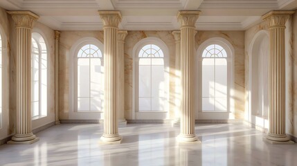 Sunlit Classical Interior: Elegant Marble Hall with Corinthian Columns and Arch Windows