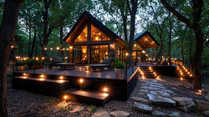 Fototapeta premium Modern cabin at dusk, nestled in woods, with illuminated deck. Use stock photography