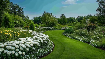 Fototapeta premium Serene Summer Garden Landscape: Lush Green Lawns and Blooming White Flowers AI Generated