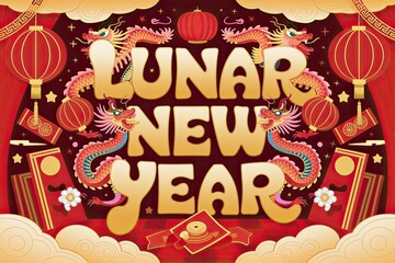 Festive Lunar New Year Graphic with Dragons, Lanterns, and Lucky Envelopes in a Cartoon Style, Gold Lettering on Red Background