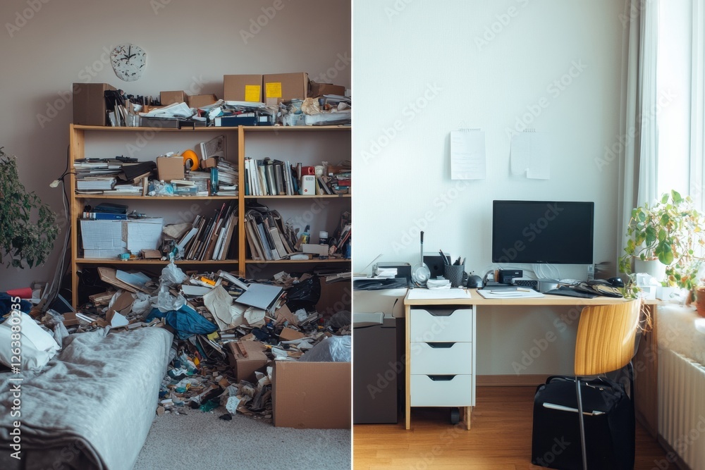 Poster contrast between cluttered disarray and organized workspace in home environment. generative ai