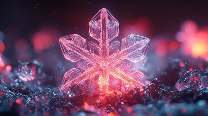 Beautiful crystalline snowflake shining in vibrant colors against a blurred icy background