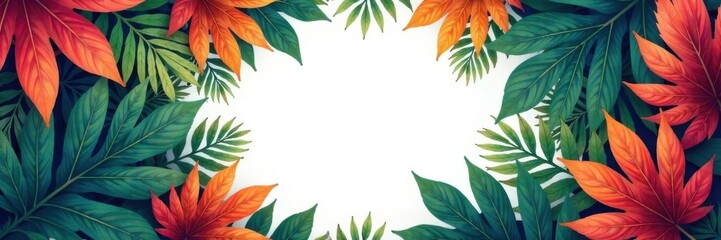 Naklejka premium Colorful tropical leaves surround a circular frame, vibrant, artistic, frame