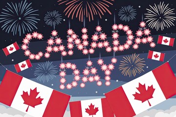 Obraz premium Festive Canada Day Illustration with Fireworks and Flags on Blue Background