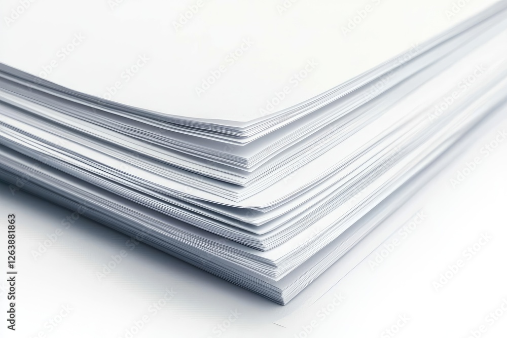 Poster close-up view of neatly stacked blank sheets of paper on a smooth surface for creative and office us