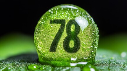 Green water droplet showcasing the number 78 on a leaf surface with a blurred background in natural light
