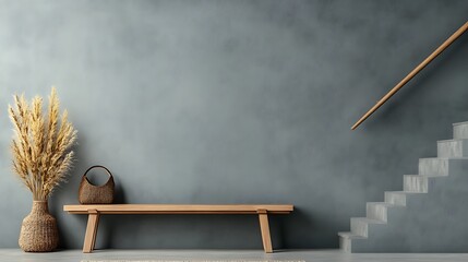 Modern Minimalist Interior: Wooden Bench and Pampas Grass in a Serene Hallway AI Generated