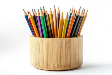 Fototapeta premium Vibrantly Colored Pencils in a Natural Wooden Holder for Creative Arts and Crafts Projects Displayed on a Bright Background